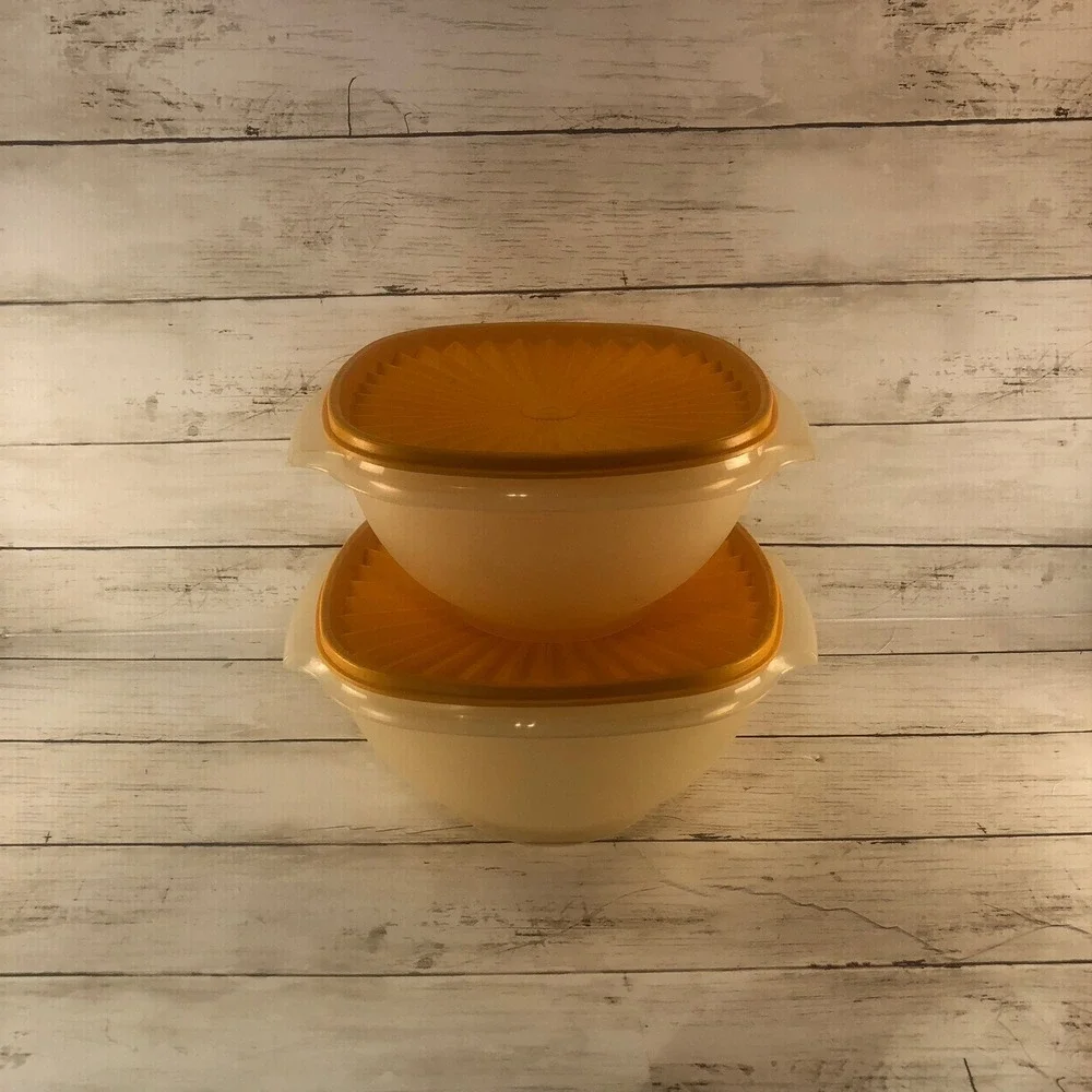 Vintage Tupperware Servalier Bowls Set of 2 Sheer Cream Mustard Yellow Sunburst